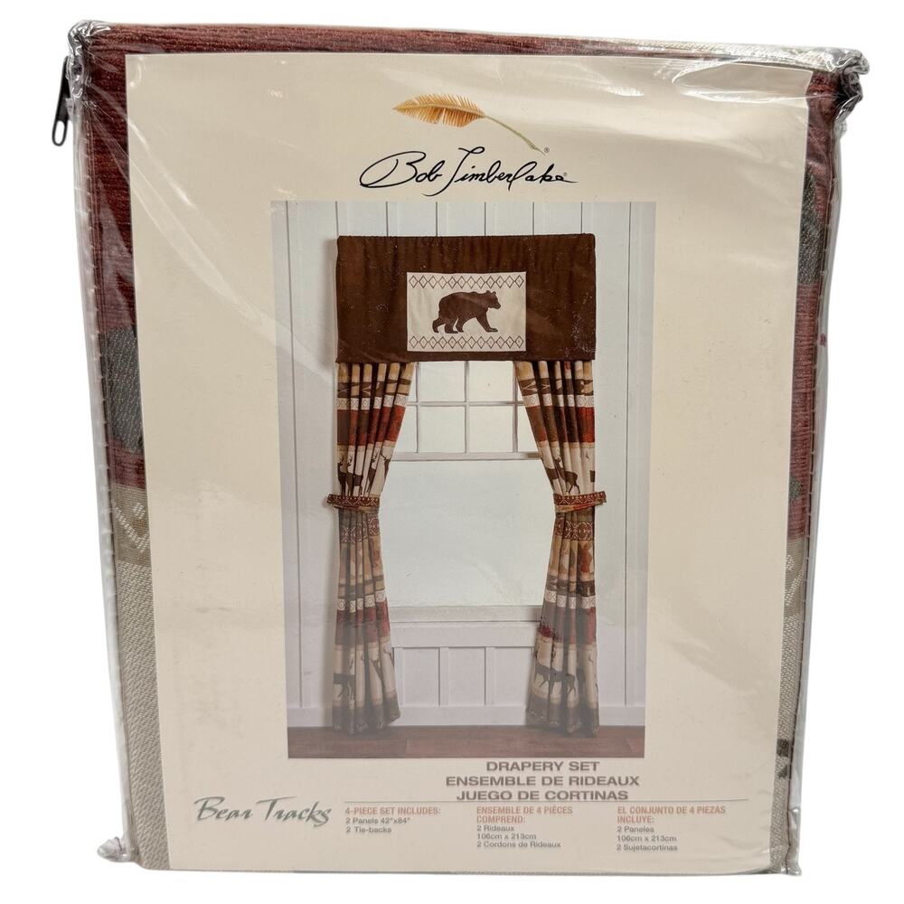 NWT Bob Timberlake Curtain Panel Set 2 Drapes Tiebacks Bear Tracks Lodge Vintage